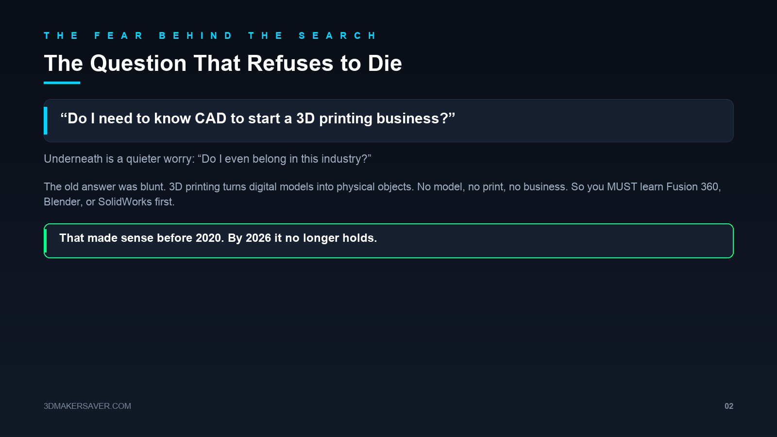 Slide 2: the question that refuses to die — do I need CAD to start a 3D printing business