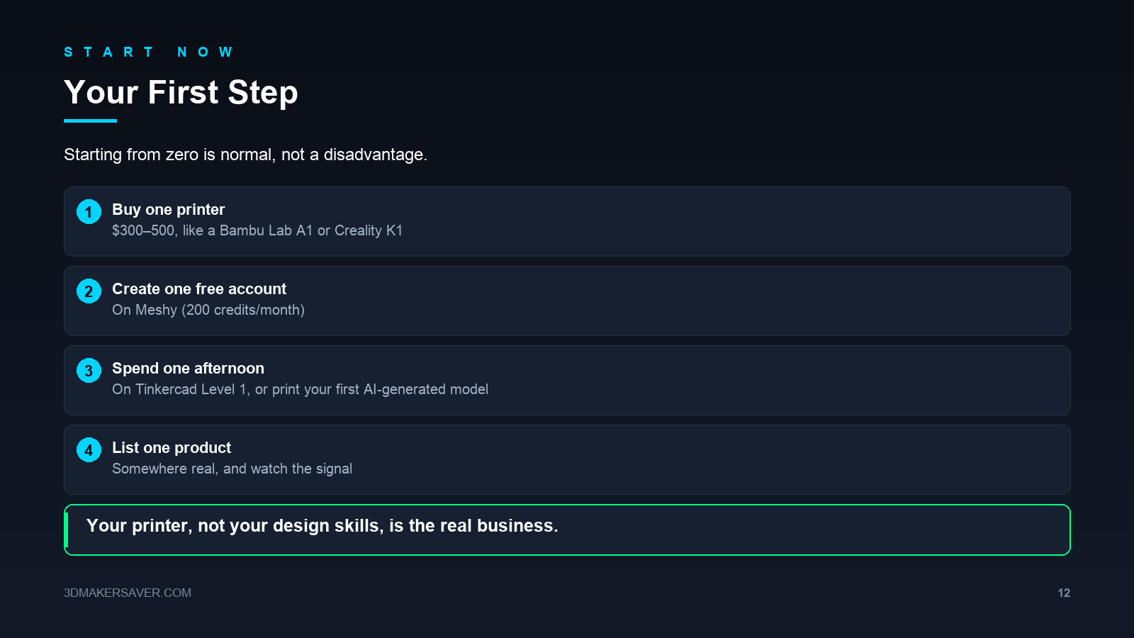 Slide 12: your first step — buy a printer, open Meshy, learn Tinkercad, list a product