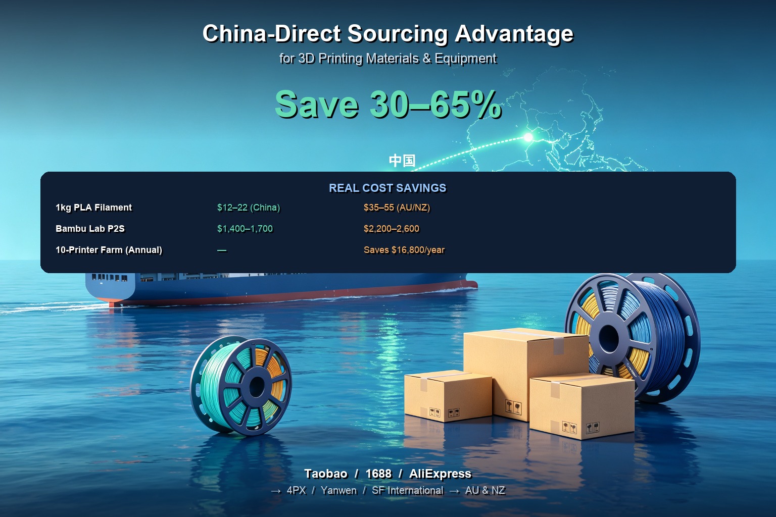 China-direct sourcing saves 30–65% on 3D printing materials and equipment, adding up to $16,800/year for a 10-printer farm.
