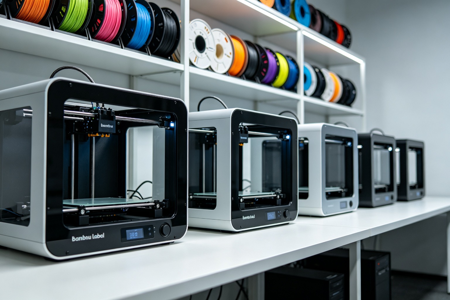 A professional FDM 3D printing farm with multiple desktop printers and organized filament storage.