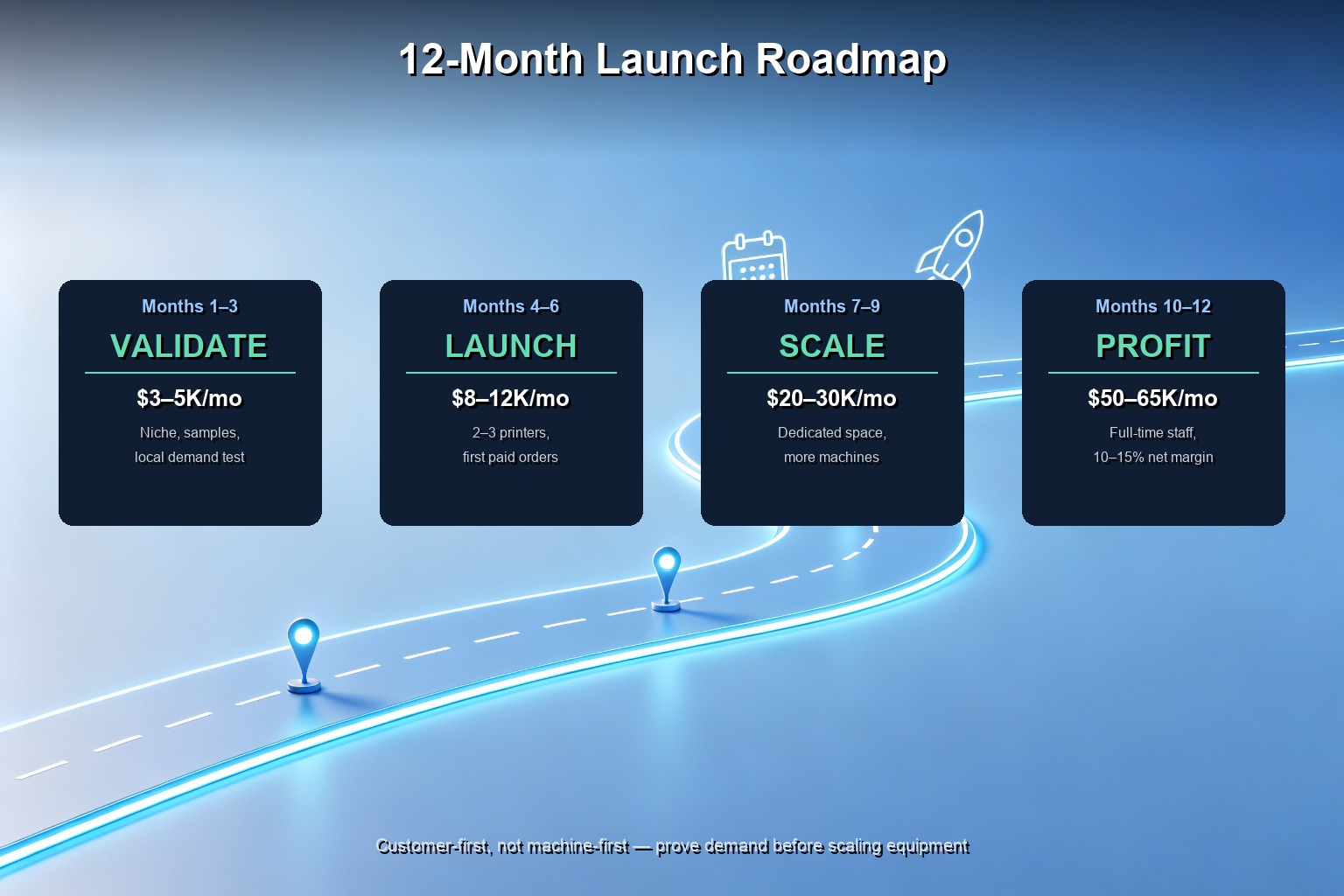 12-month launch roadmap for a 3D printing service bureau — from validation to profitability.