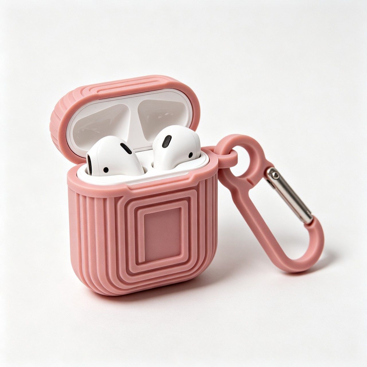 A colorful AirPods case with a matching carabiner keychain. PLA in Morandi pink, with a scratch-resistant snap-on shell.