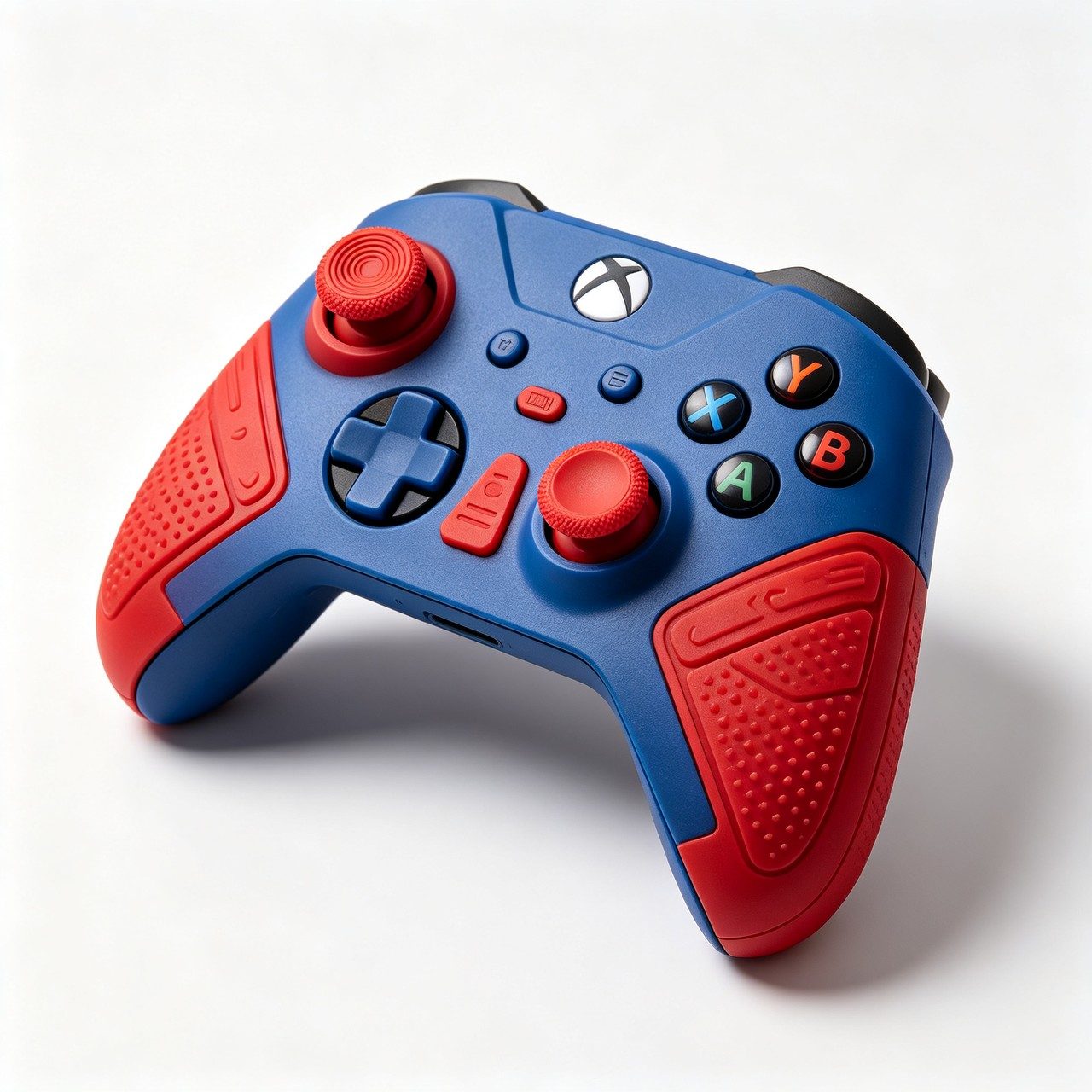 Custom esports thumbstick caps and back paddles. Hard PETG caps and TPU 95A paddles in a red-blue contrast with a grippy texture.
