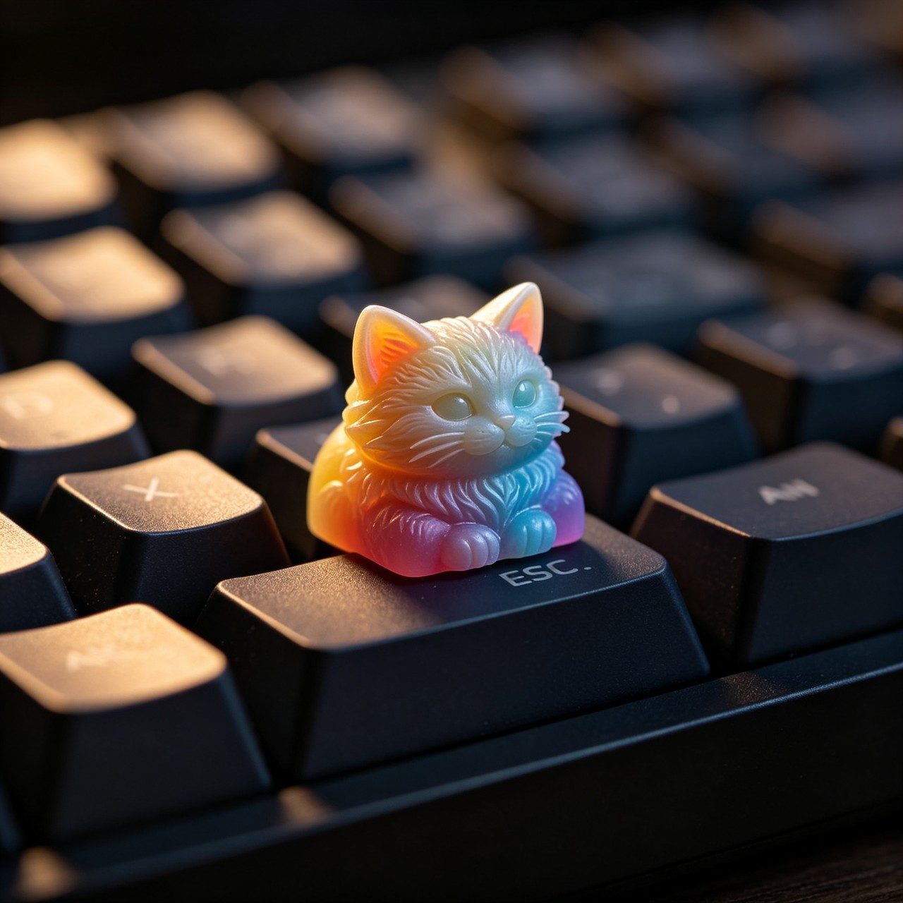 A custom artisan keycap (cat design) in UV-cured resin. Sculpted form with a gradient finish, sized for the ESC key.