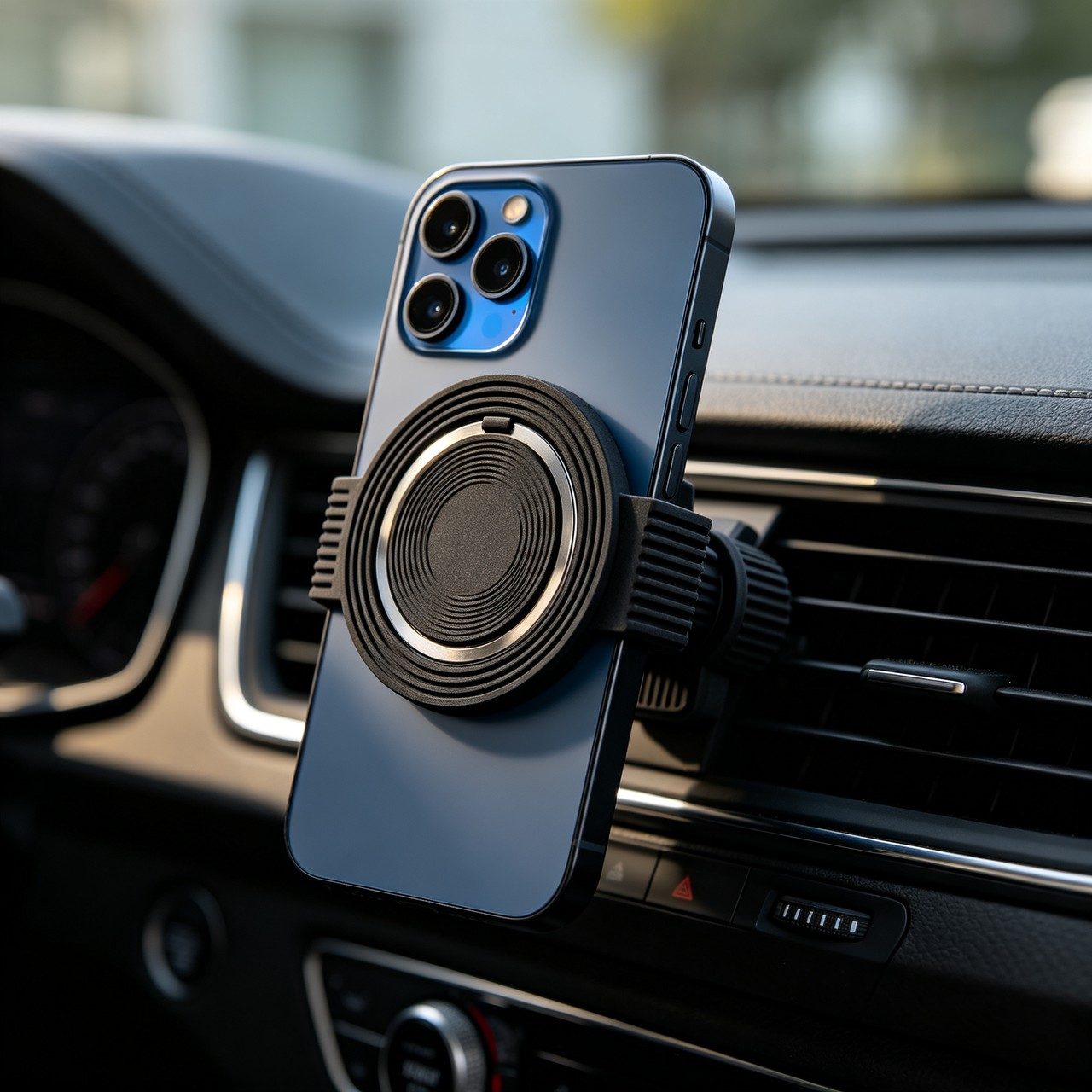 A MagSafe car vent mount in PETG. Claw-free magnetic ring design with an embedded metal ring and a vent-clip base.