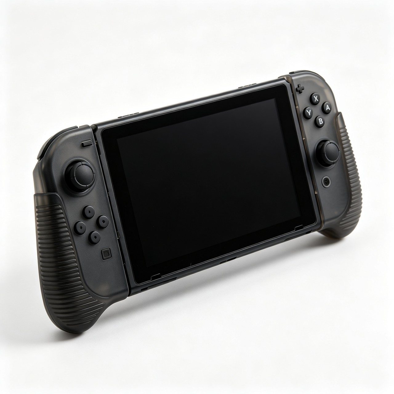 Aftermarket ergonomic Joy-Con grips in semi-transparent smoke-black PETG. Snap-together split design with a visible FDM layer texture.
