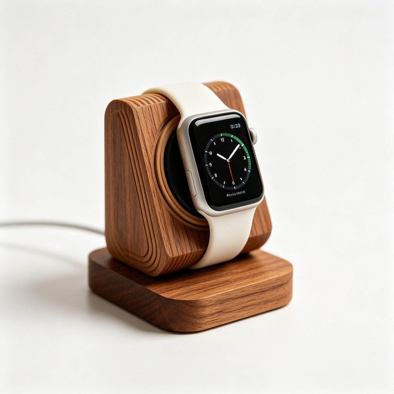 A wood-texture bedside charging stand in wood-fill PLA. Minimal Japanese design with an embedded magnetic charging module.