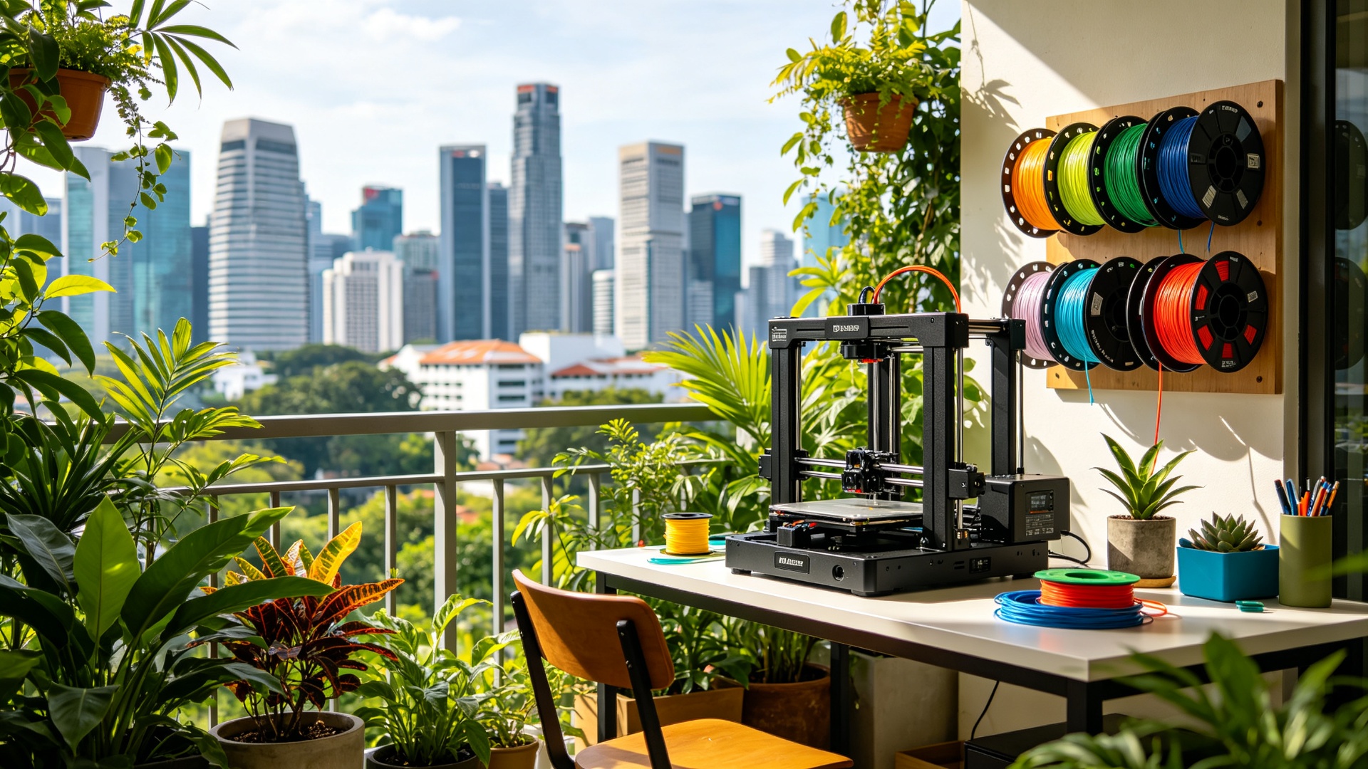 A tropical Southeast Asian balcony workspace — proximity to China means the fastest, cheapest equipment sourcing in the world.