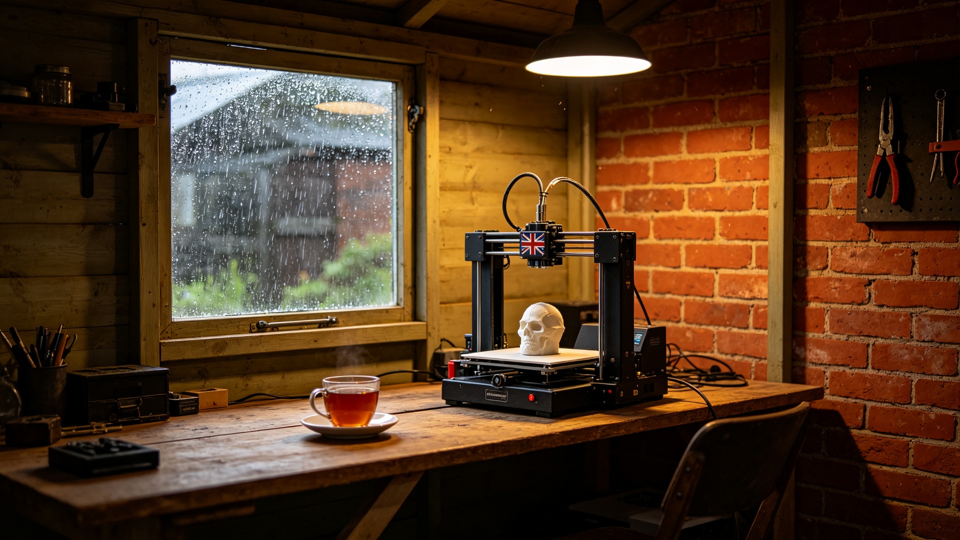A British garden shed studio — many UK makers start in a shed or spare room, keeping overhead near zero.