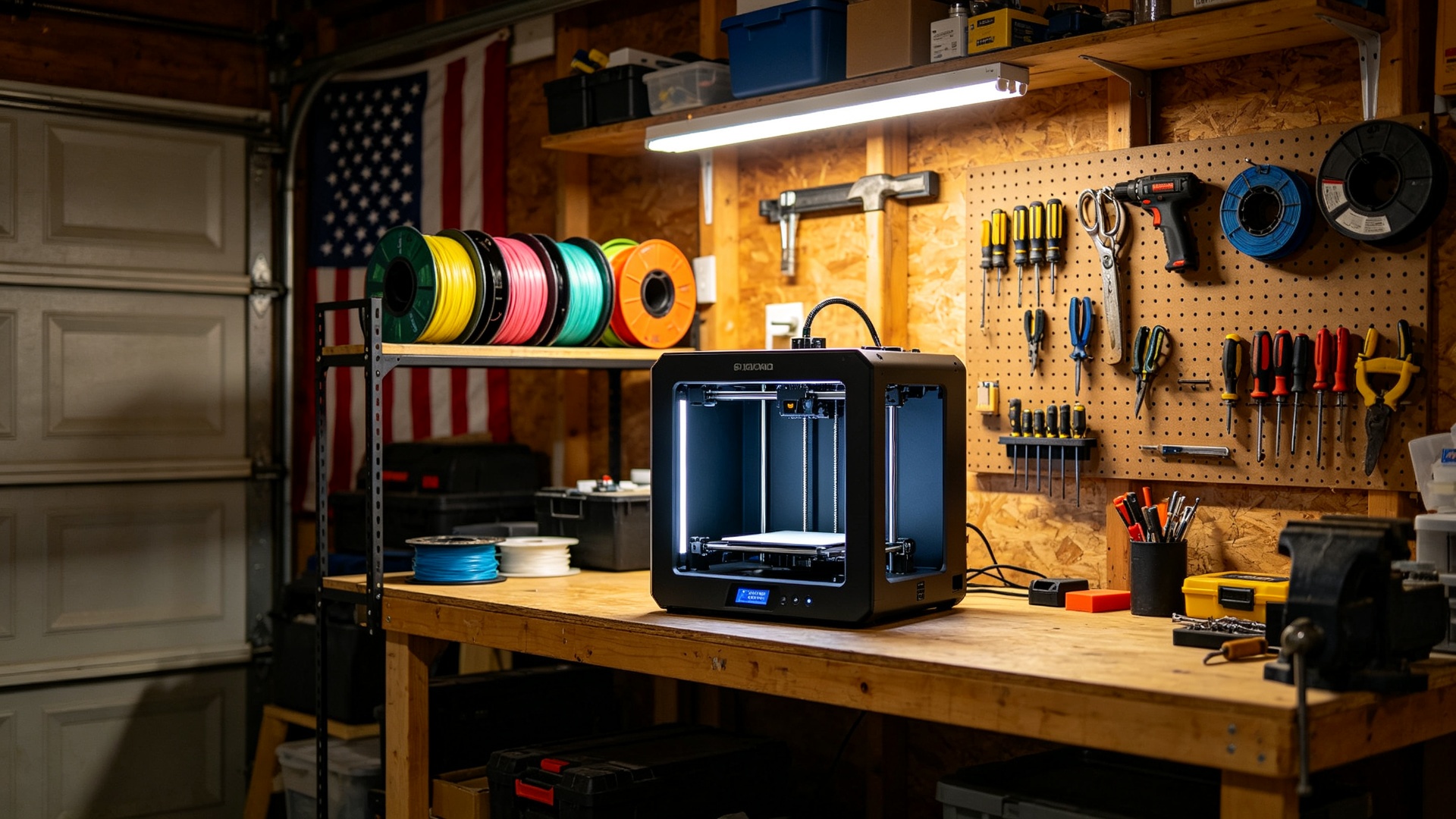 A typical American garage 3D printing setup — the most popular side-hustle launchpad in the US.
