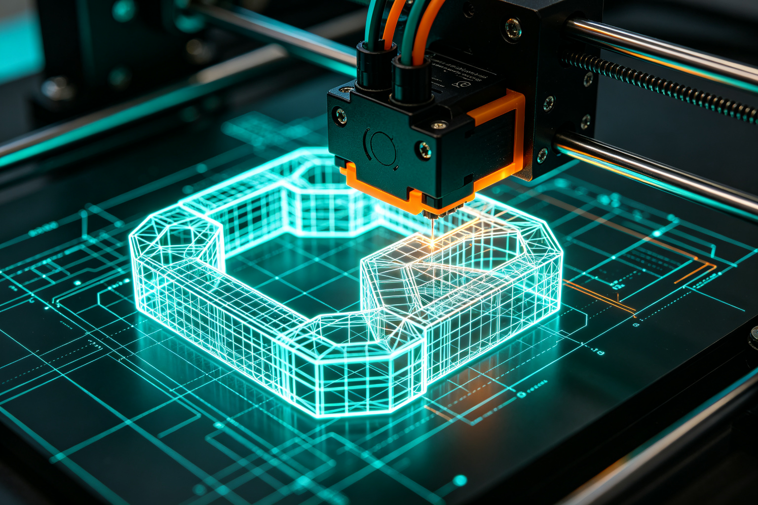3D printer extruder with glowing CAD wireframe overlay showing AI-assisted design