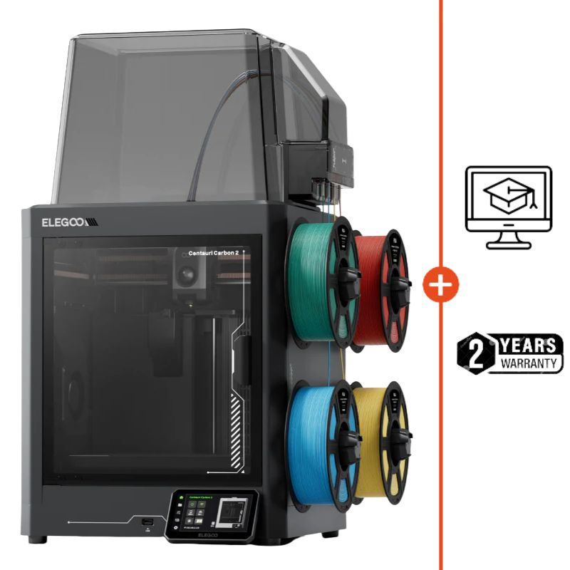 Two 3D printers side by side showing price comparison — ELEGOO Centauri 2 at $329 vs competing multicolor bundle at $459