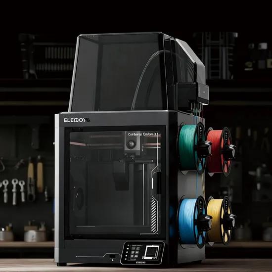 ELEGOO Centauri 2 CoreXY 3D printer with CANVAS four-color multicolor system printing a multicolor object