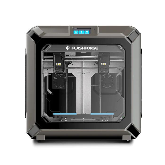 Flashforge Creator 5 Pro dual extruder 3D printer close-up showing print head and active print
