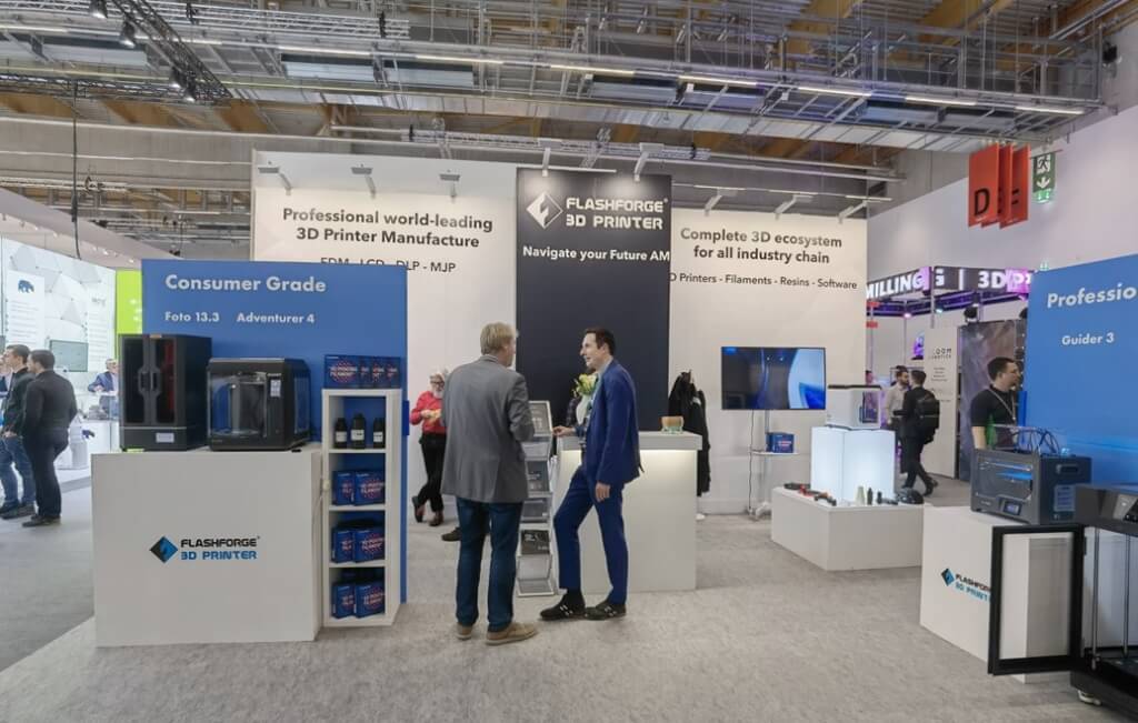 Flashforge booth at IFA 2026 in Berlin showing Creator 5 Pro and CJ270 3D printers on display