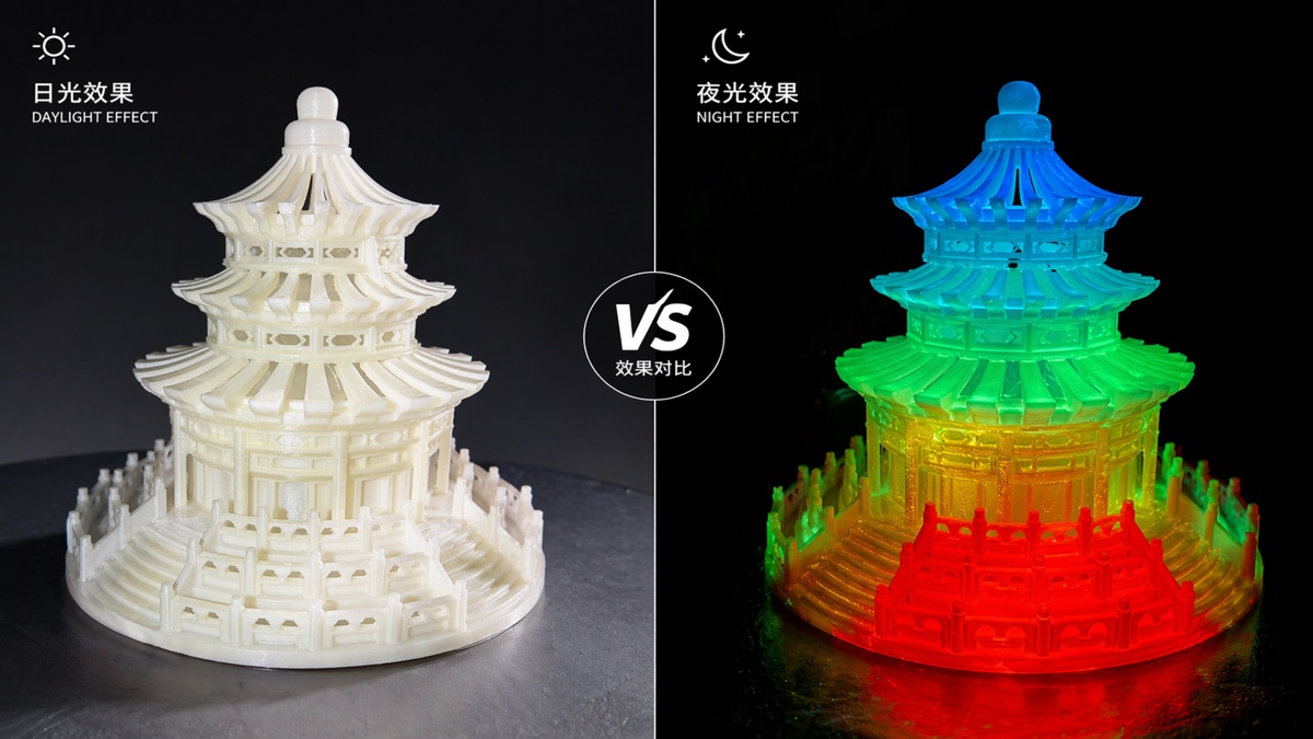 Yuyuan New Materials self-luminous filament showing daylight vs glow-in-the-dark