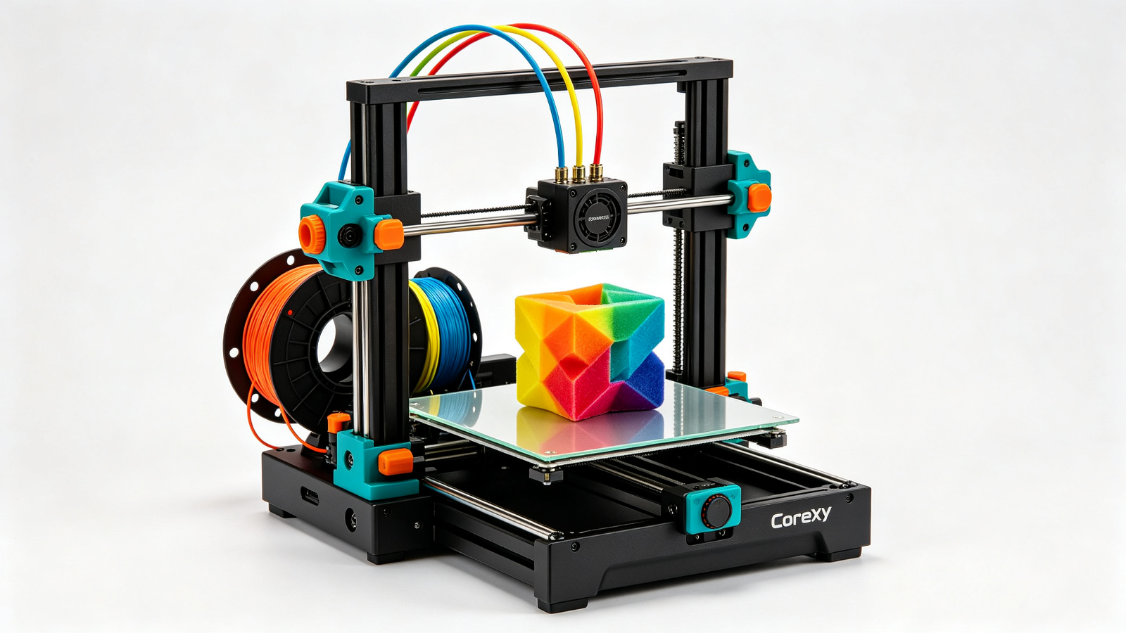 AI-powered 3D printing factory with robotic arms and holographic design interface