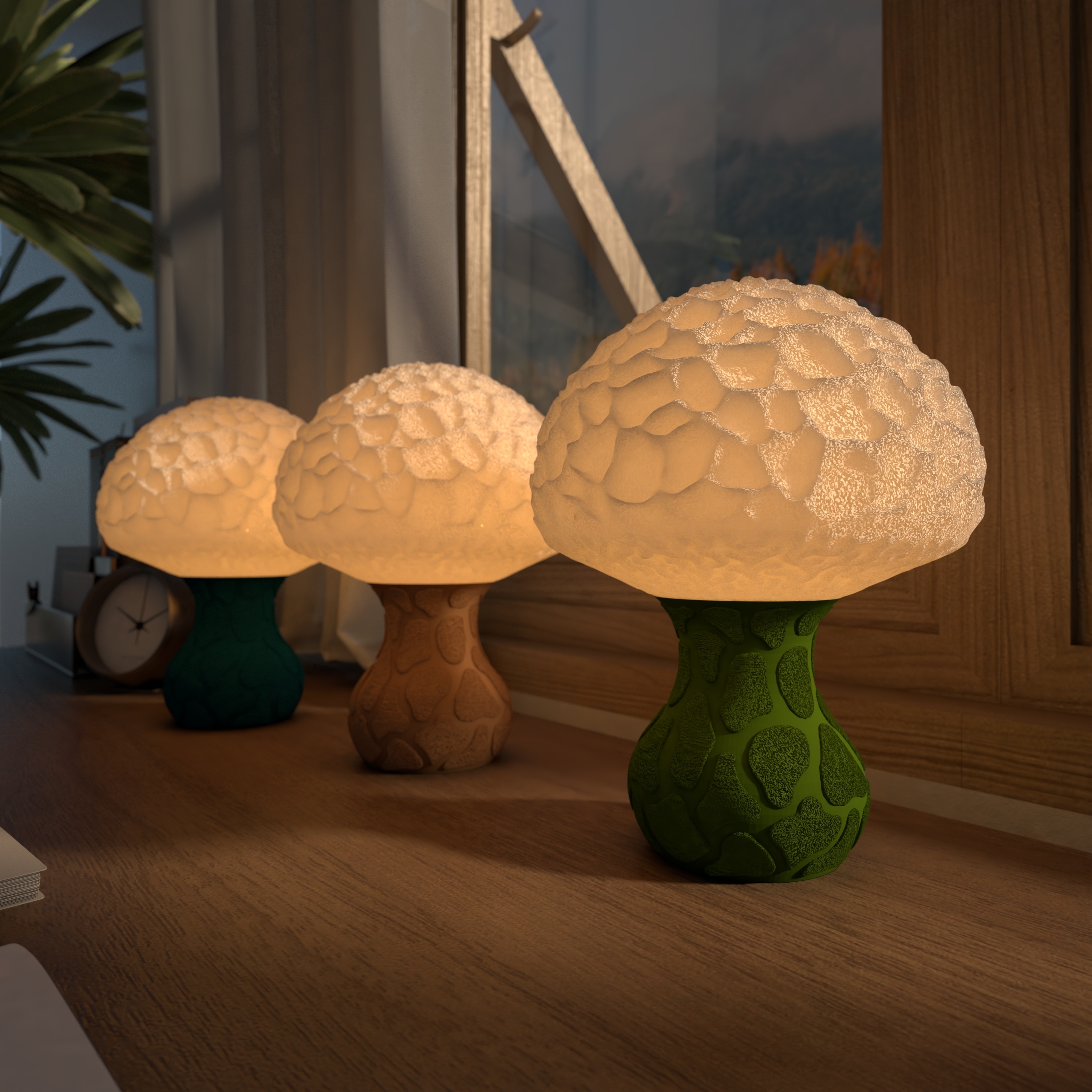 Three 3D printed mushroom lamps on a windowsill in different colors