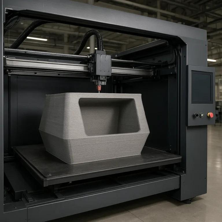 Industrial large format 3D printer printing a large gray enclosure