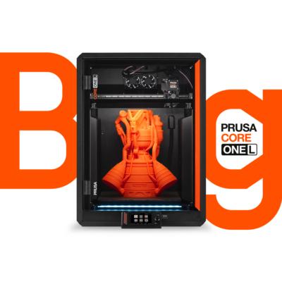 Prusa CORE One L large format 3D printer with orange print