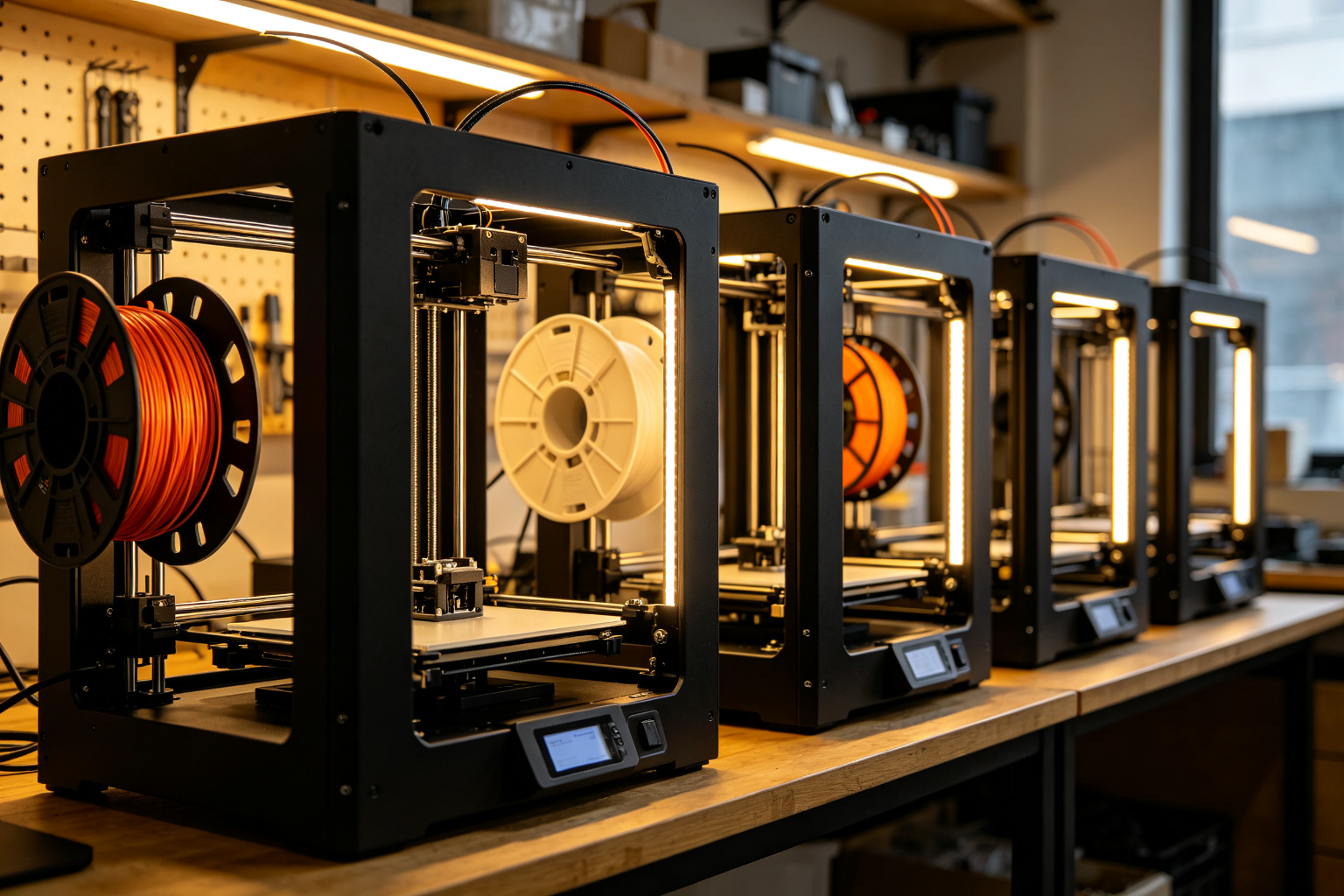 Row of desktop 3D printers in a modern makerspace with warm lighting and filament spools