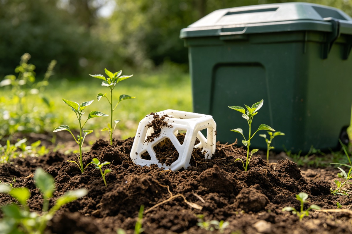 3D printed PLA object in compost with plants