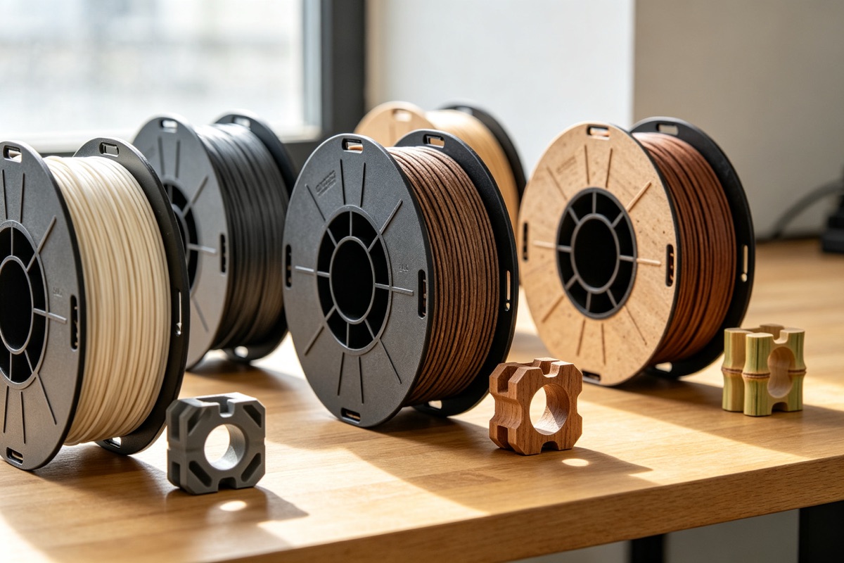 Various 3D printer filament spools on a workbench