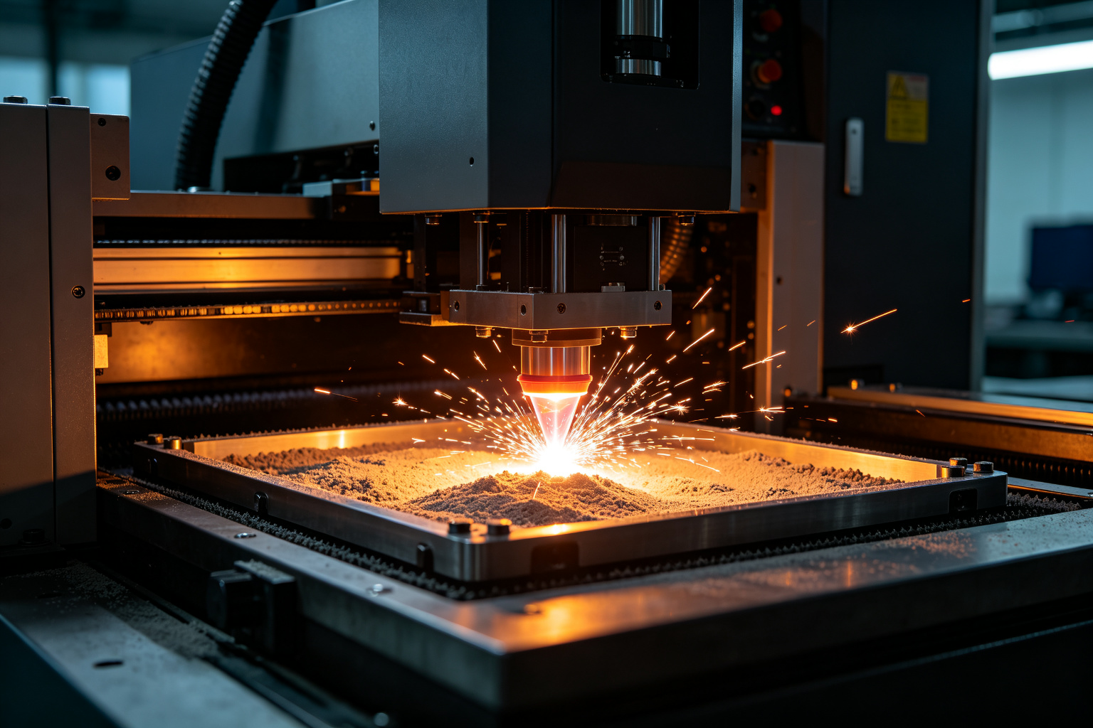 Industrial metal 3D printing powder bed fusion machine in operation with laser and sparks