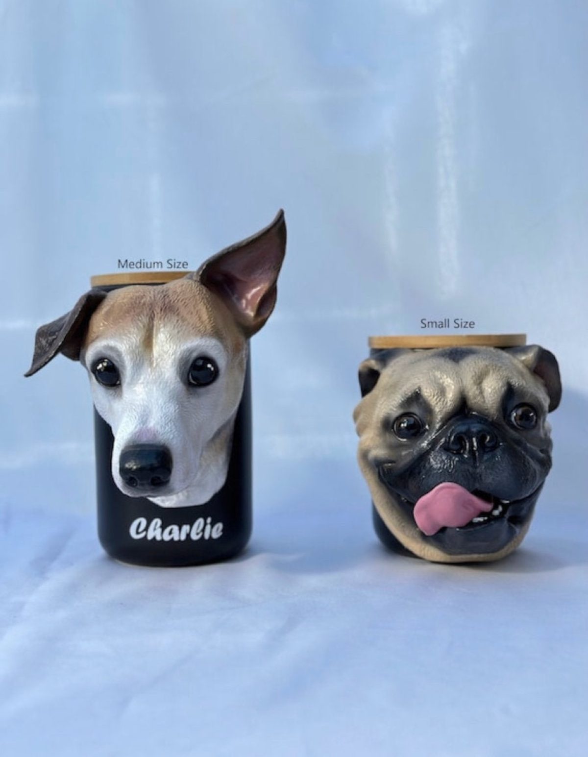 Custom face urns for pet memorials, hand-painted after resin printing