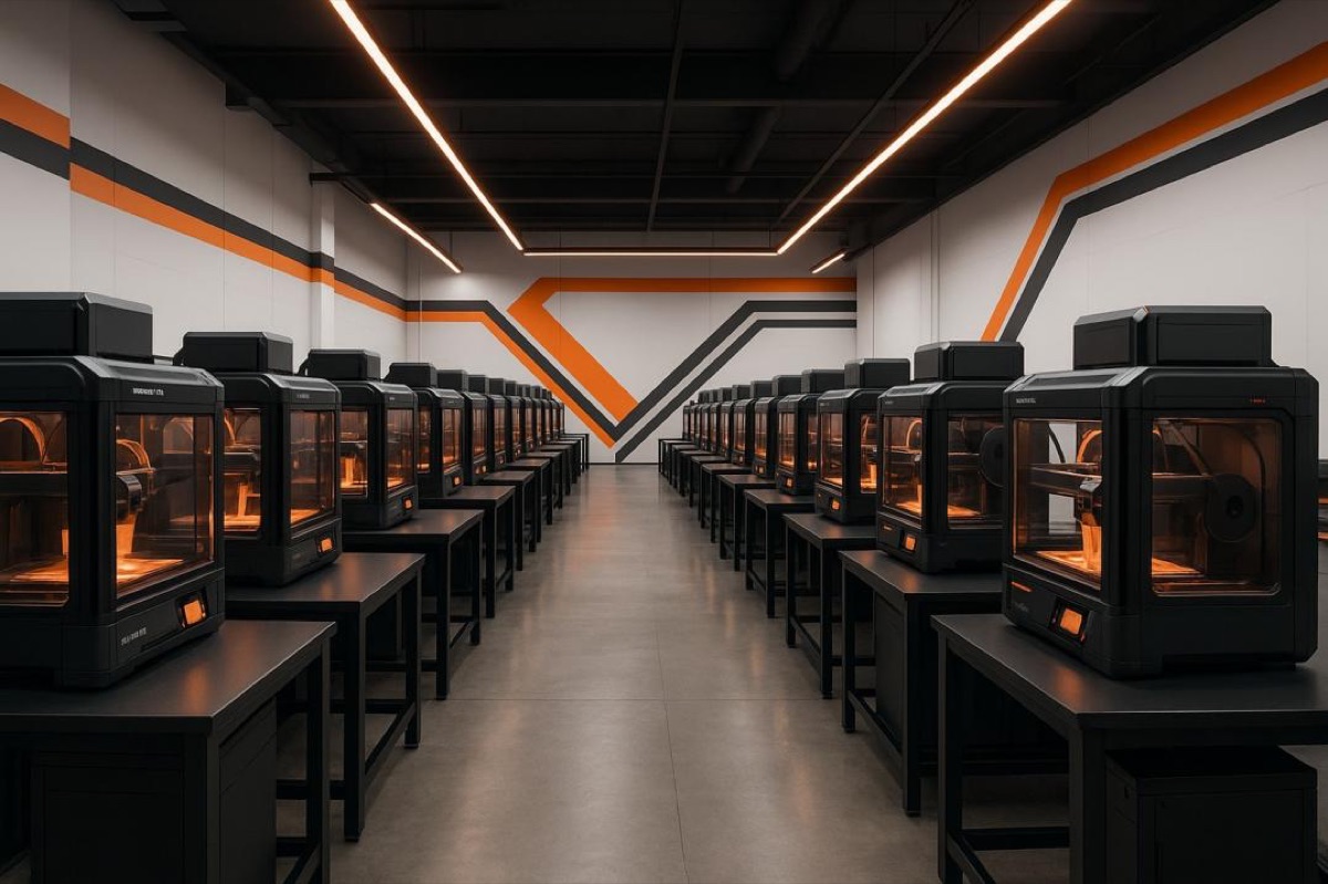 Scaled 3D print farm with rows of printers