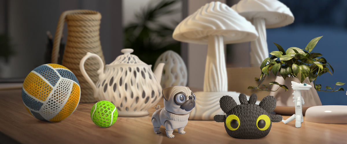 Collection of 3D printed items including home decor, toys, and functional products